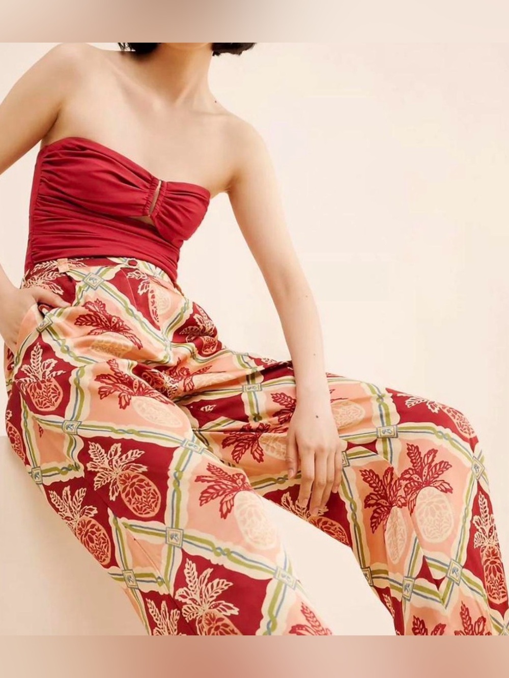 FARM Rio for Anthropologie pineapple satin wide leg palazzo pants size large - Picture 2 of 16